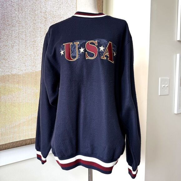 USA Sweatshirt Embroidered Medium Crewneck Long‎ Sleeve | Navy Blue White - Picture 1 of 6